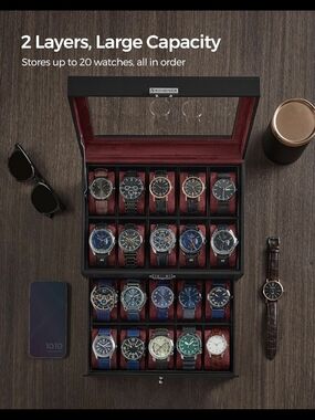 20-Slot Lockable Synthetic Leather Watch Box With Wine Red Lining